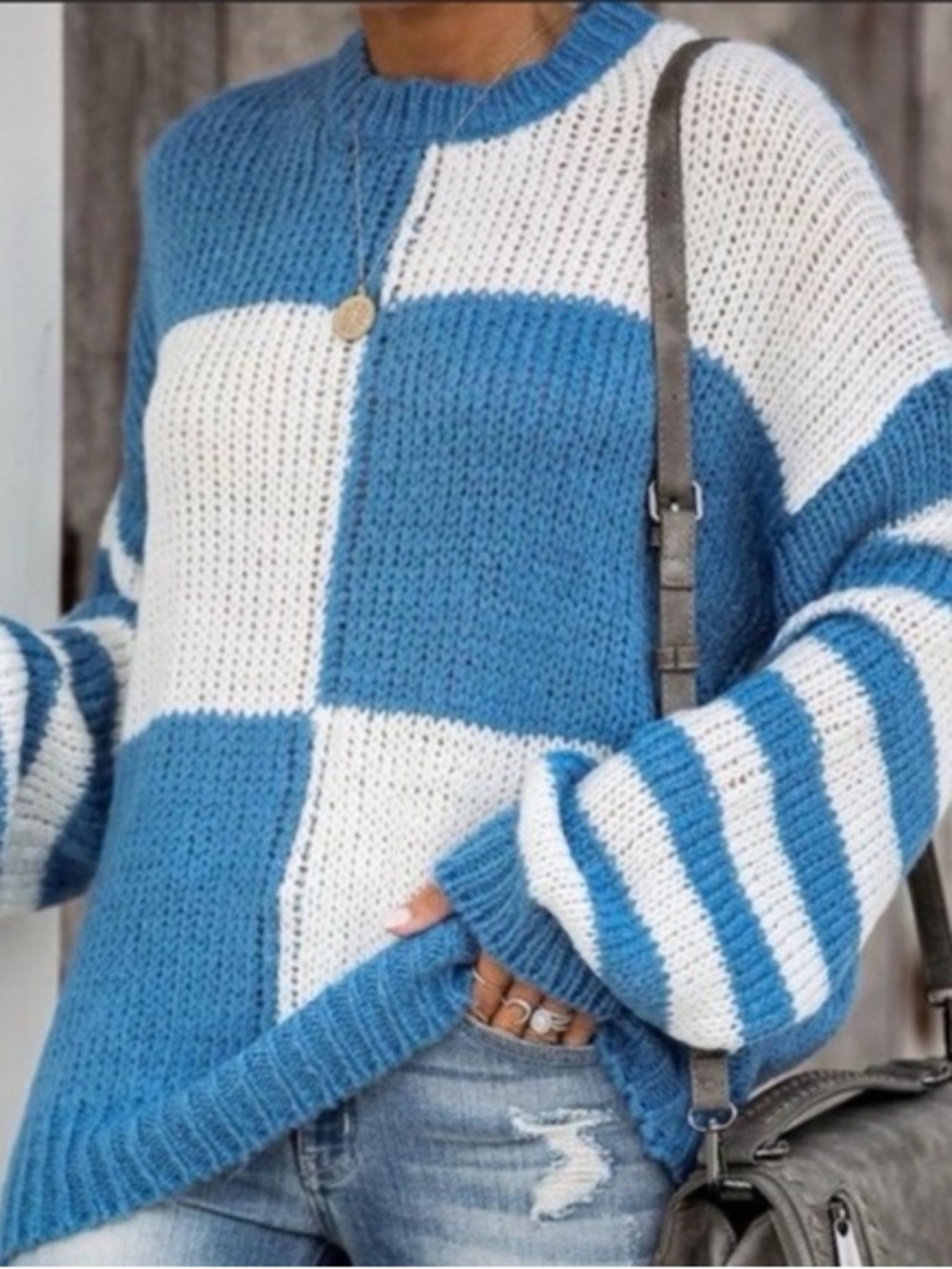 &merci Blue and White Checkered Knit Sweater Size L